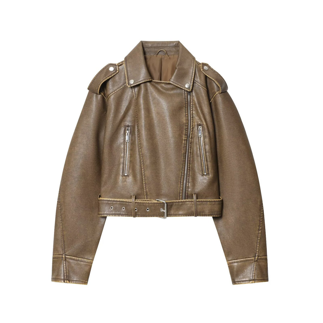 Damen modische Bikerjacke im Vintage-Look mit Taillengürtel und Reißverschlusstaschen Drune