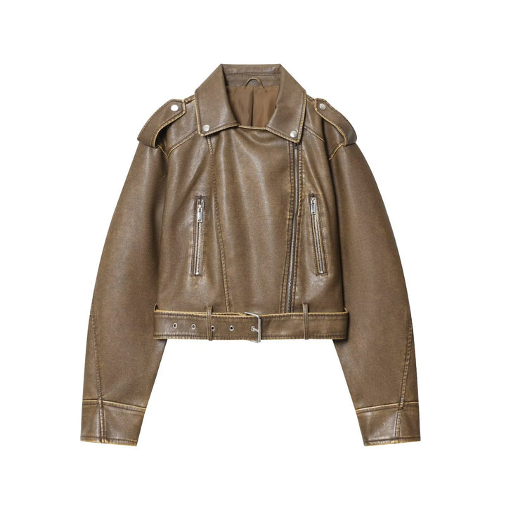Damen modische Bikerjacke im Vintage-Look mit Taillengürtel und Reißverschlusstaschen Drune