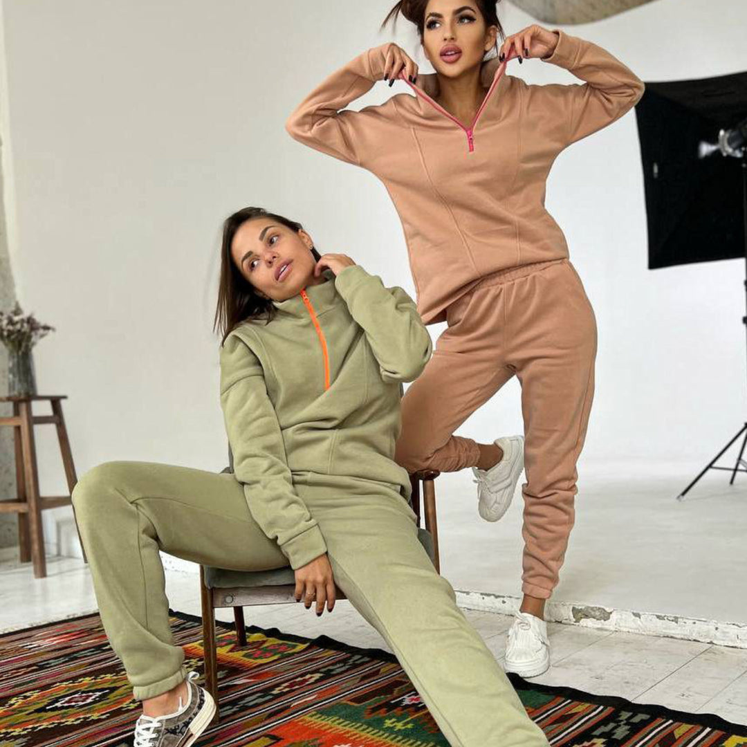 Damen sportliches Fleece-Jogginganzug mit Stehkragen Drune
