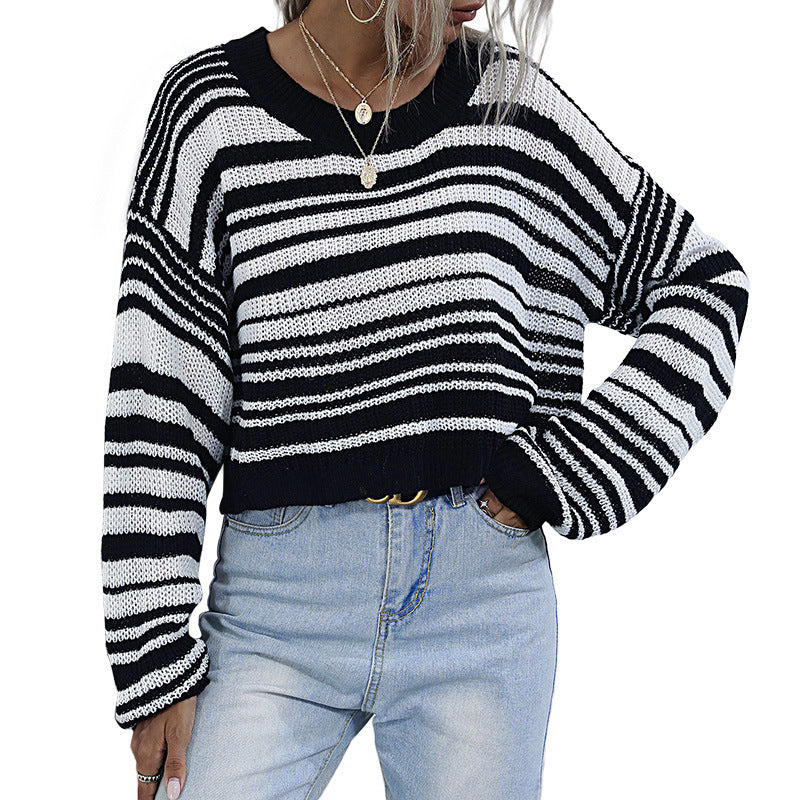 Damen lässiger Strickpullover mit weitem Schnitt und modischem Streifenmuster Drune