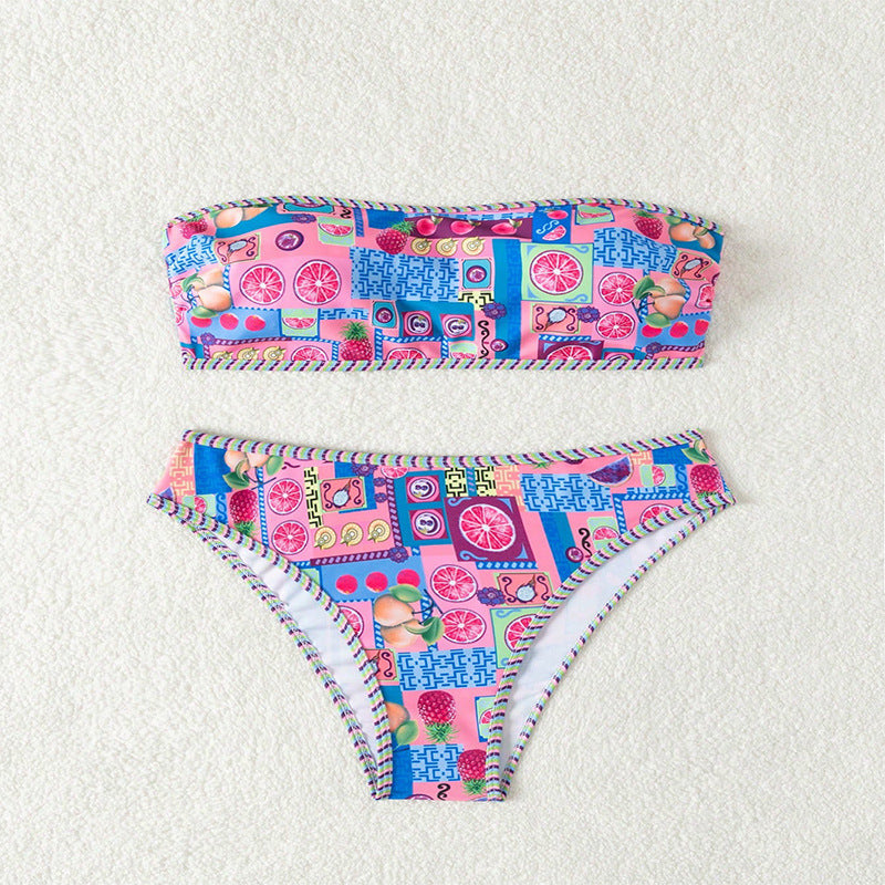 Damen Bandeau-Bikini mit fruchtigem Muster und dekorativen Kontrastnähten Drune