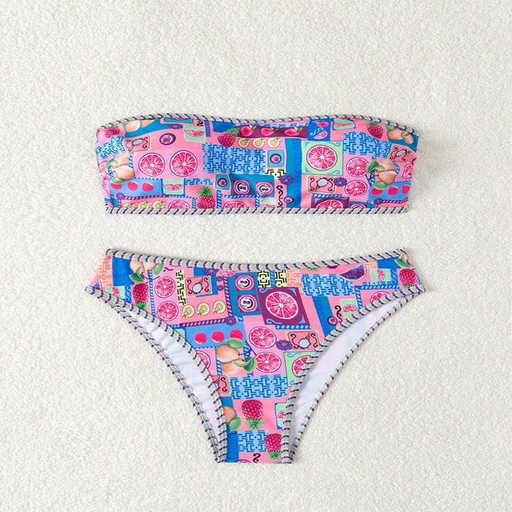 Damen Bandeau-Bikini mit fruchtigem Muster und dekorativen Kontrastnähten Drune