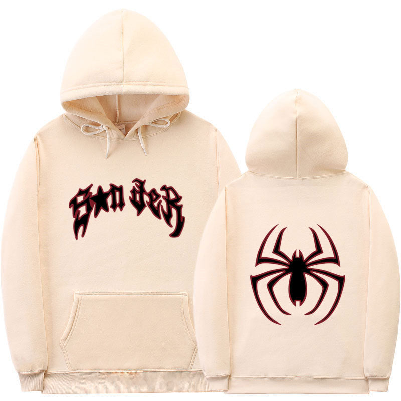 Damen Kapuzenpullover mit auffälligem Spinnenmotiv und grobem Schriftzug Drune