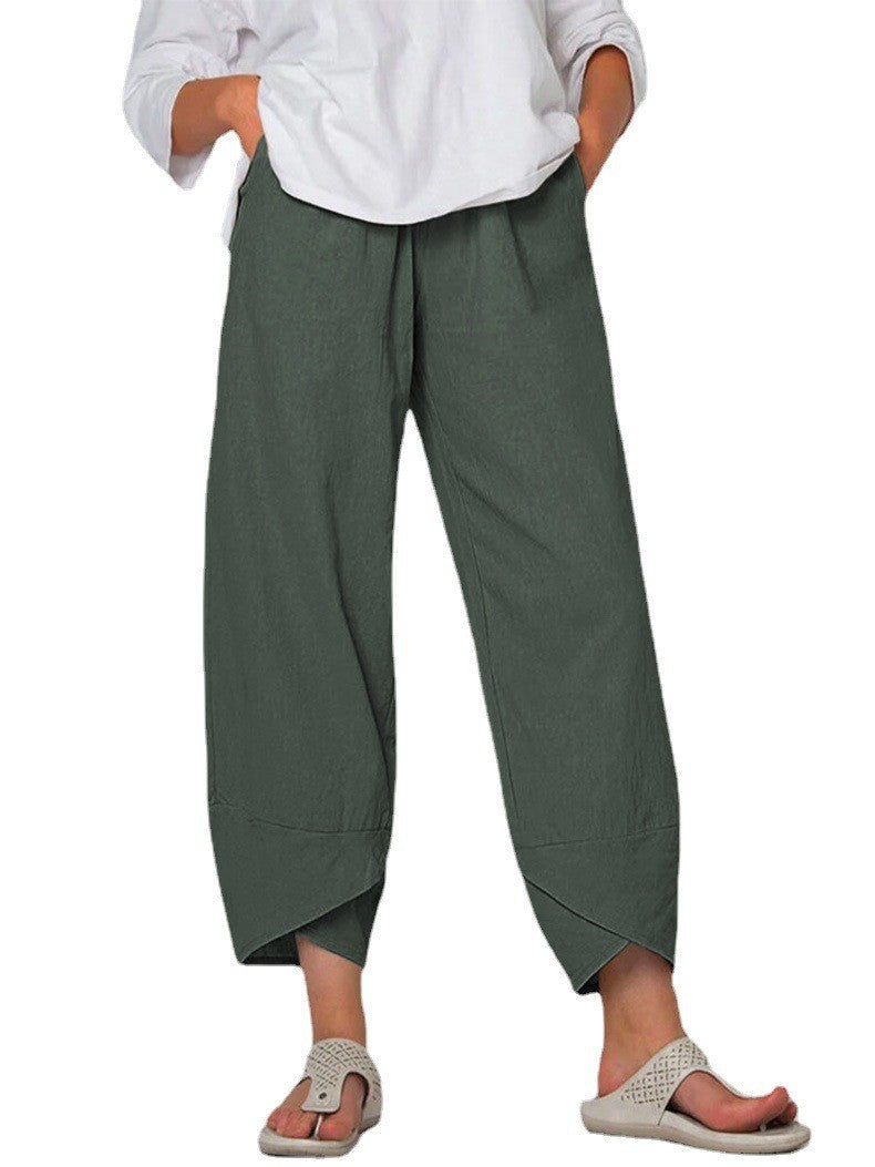 Damen nan lockere Leinenhose mit hohem Bund, Tulpen-Saum und seitlichen Eingrifftaschen Drune
