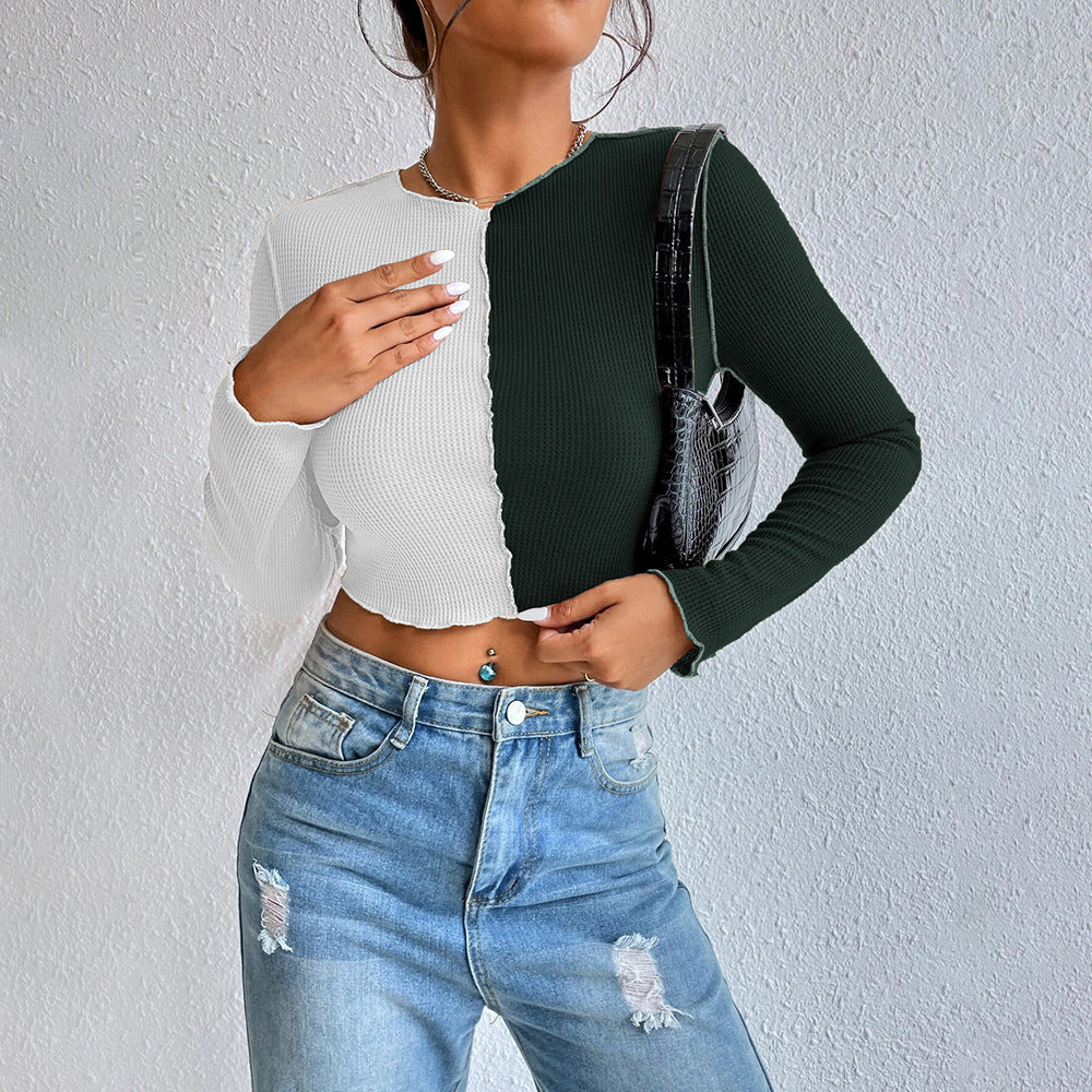 Damen cropped Langarmshirt mit zwei Farben und modischem Rippdesign Drune