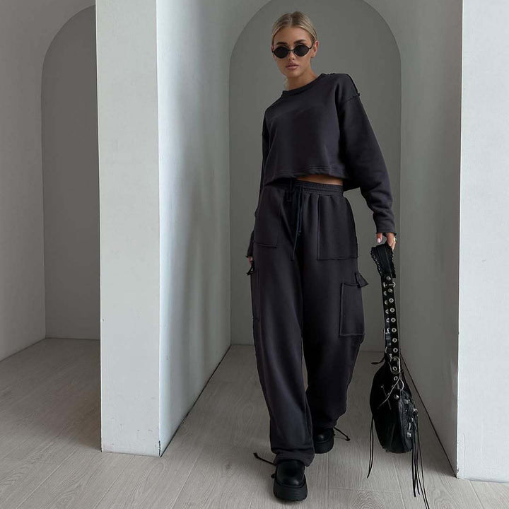 Damen lässiges cropped Sweatshirt mit Kordelzug und weiten Hosen Drune