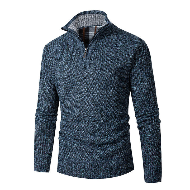Herren nan grobgestrickter Halfzip-Pullover mit Stehkragen und karierter Krageninnenseite Drune
