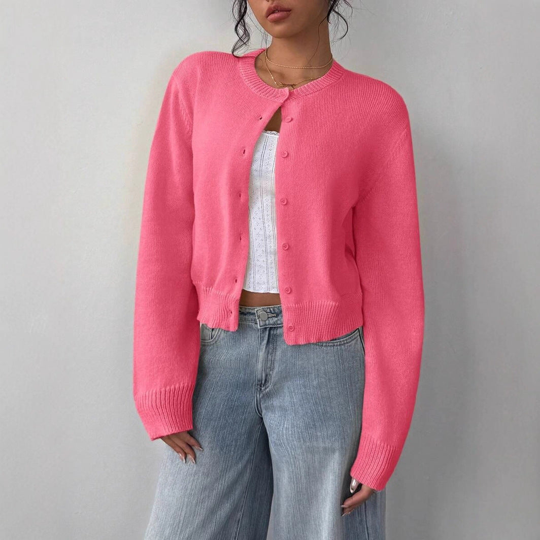 Damen Strickjacke mit Rundhalsausschnitt und Knopfleiste Drune