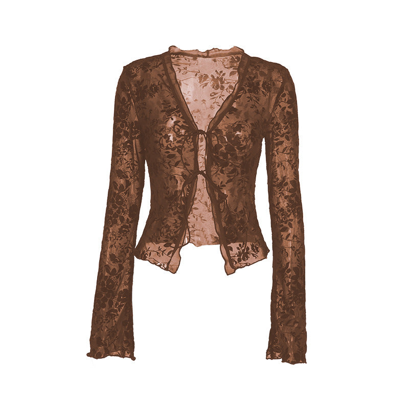 Damen Transparente Spitzenjacke mit floralen Mustern Drune