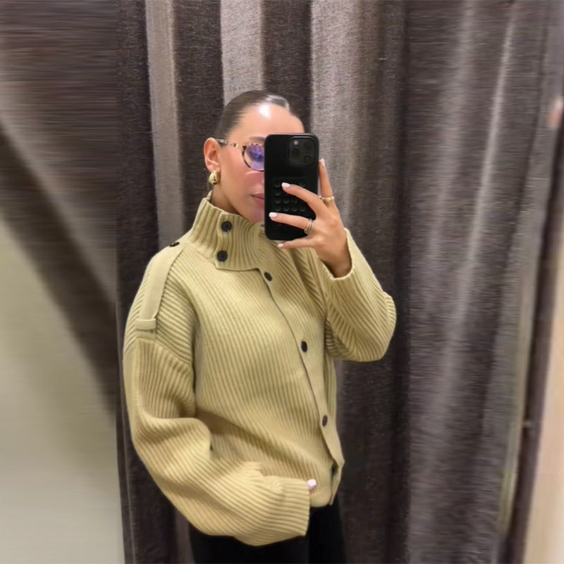 Damen Oversized Strickjacke mit hochschließendem Kragen Drune
