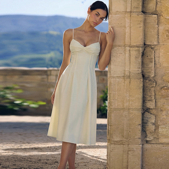Damen Maxikleid mit tiefem V-Ausschnitt und fließendem Rock Drune