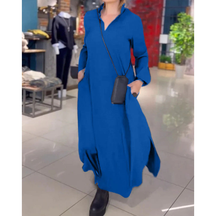 Damen lässiges Maxikleid mit modernem Hemdblusen-Design und praktischen Seitentaschen Drune