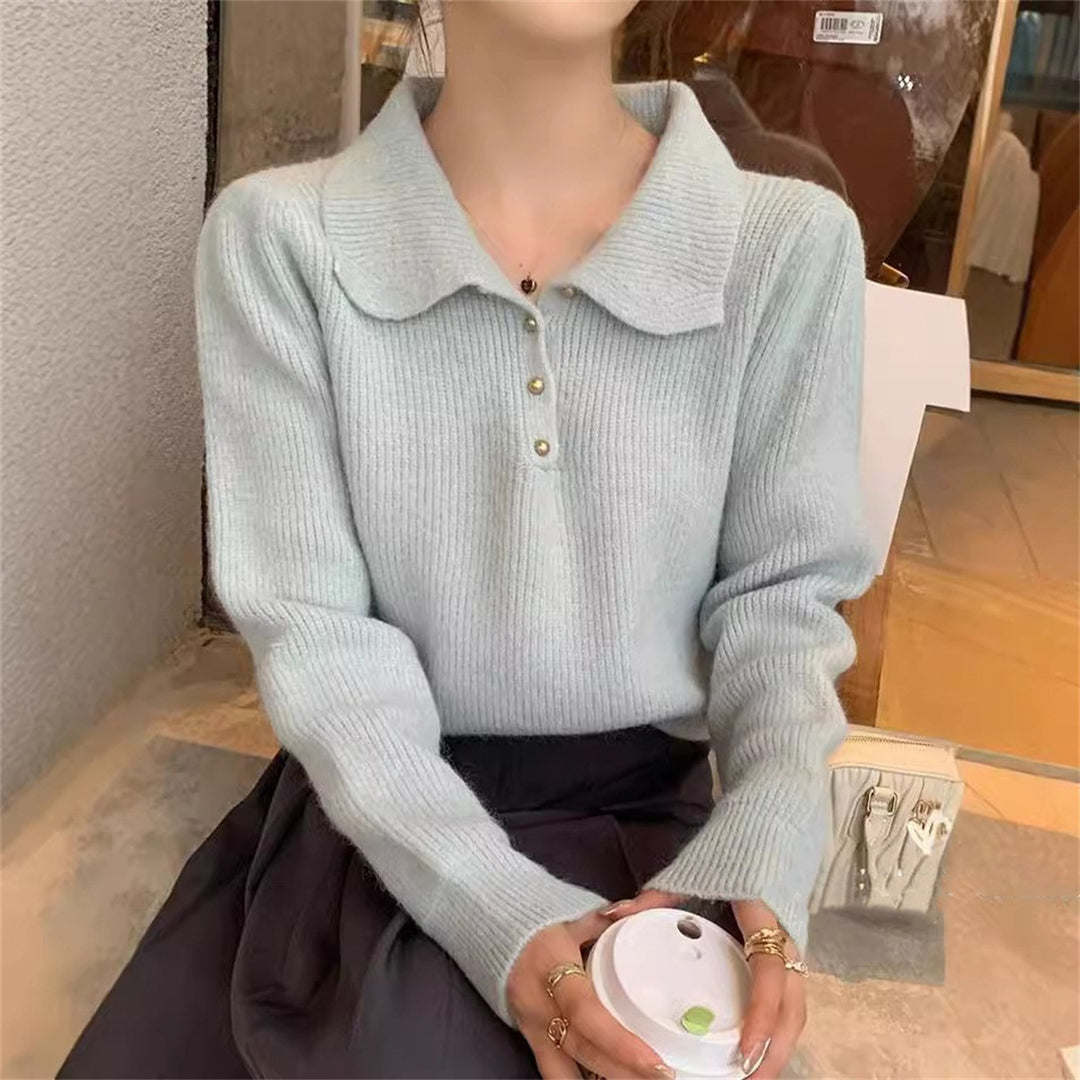 Damen Pullover mit strukturiertem Polo-Kragen und Knopfdetails Drune