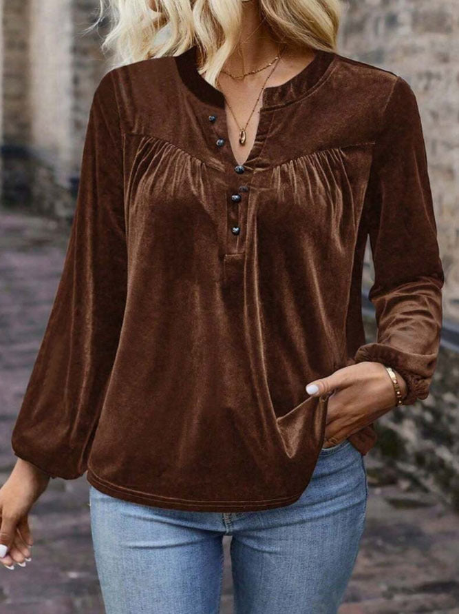 Damen Veloursbluse mit Knopfleiste und ballonen Ärmeln Drune