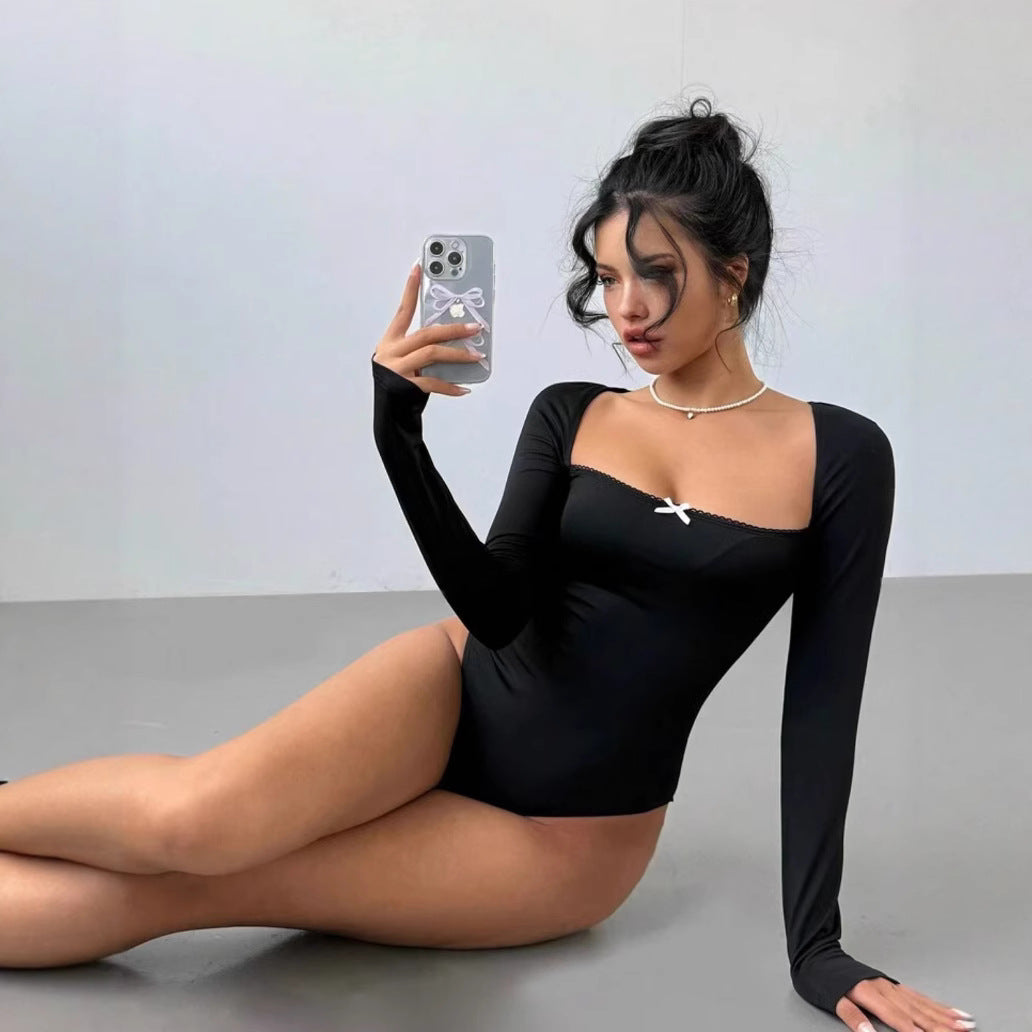 Damen Figurbetontes Langarm-Body mit elegantem Ausschnitt Drune