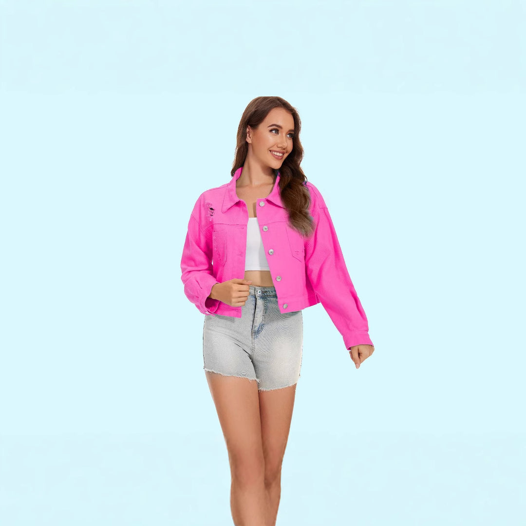 Damen Jeansjacke im lässigen Crop-Style mit fransigen Details Drune
