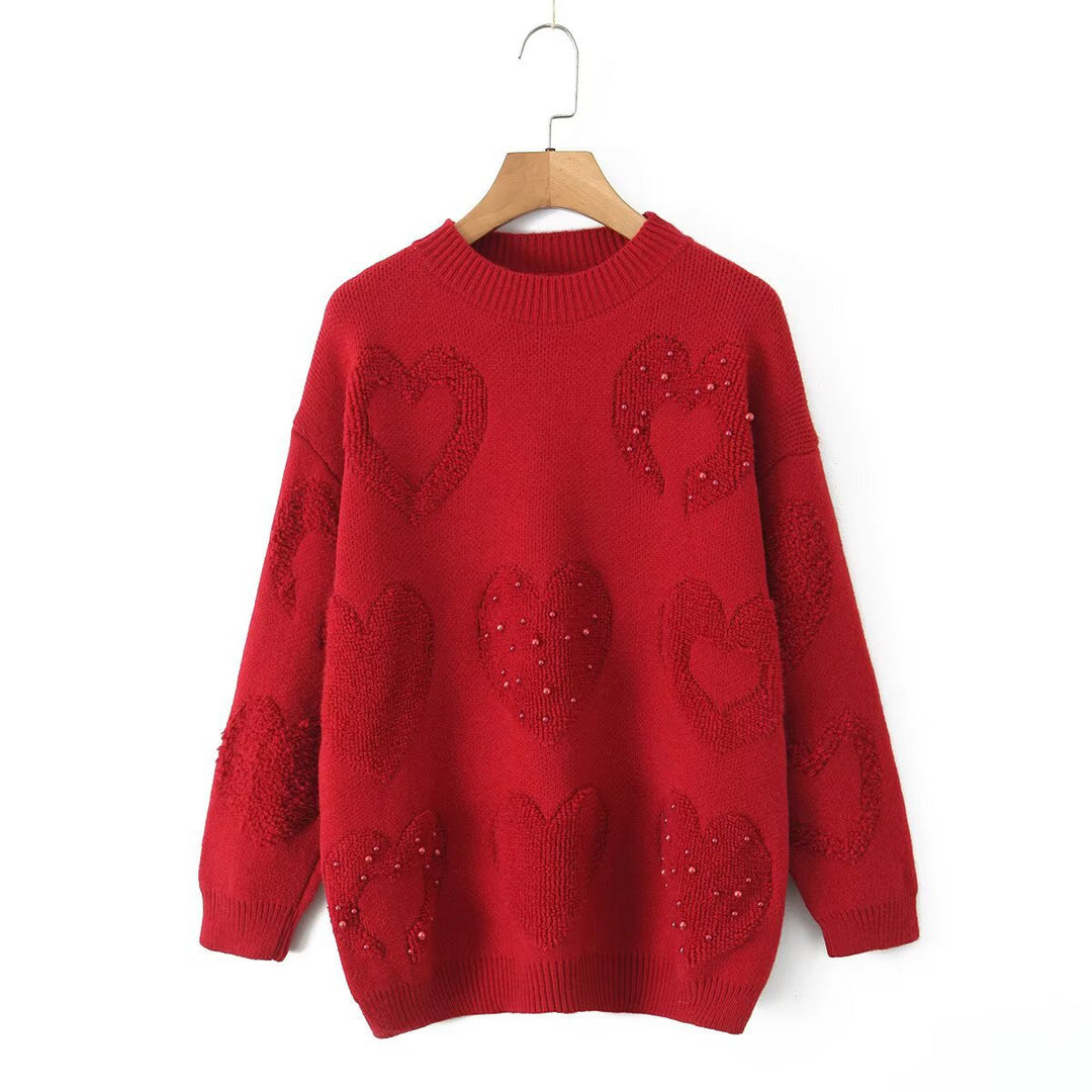 Damen Gemütlicher Strickpullover mit Herzmotiven Drune