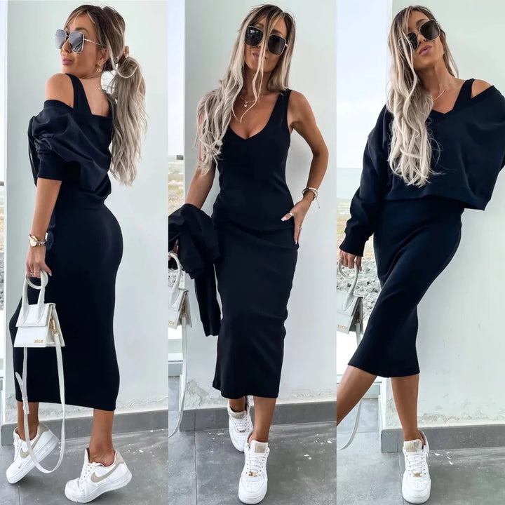 Damen elegantes und lässiges Kleidungsset mit angeschnittenem Oberteil Drune