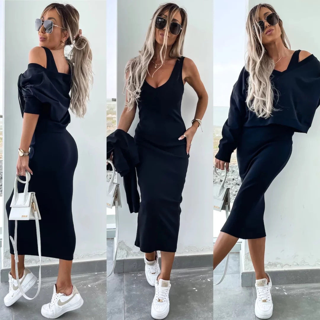 Damen nan zweiteiliges Midirock-Set mit off-shoulder Oversize-Sweatshirt und figurbetontem Bleistiftrock Drune
