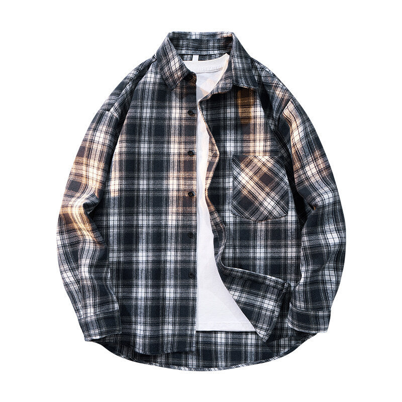 Herren nan kariertes Oversized Flanellhemd mit aufgesetzter Brusttasche, Rundem Saum und durchgeknöpfter Vorderseite Drune