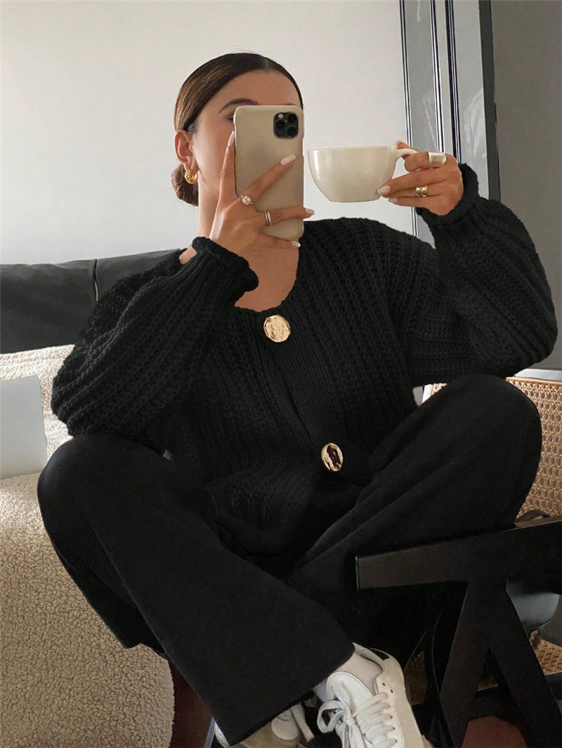 Damen Grobstrick-Jacke mit eleganten Knöpfen und Taschen Drune