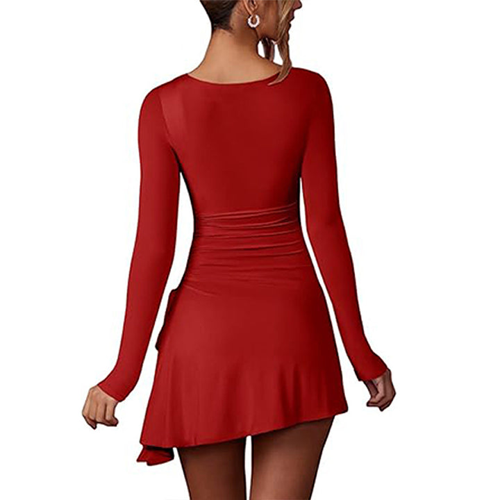 Damen figurbetontes Minikleid mit tiefem V-Ausschnitt und Raffung Drune