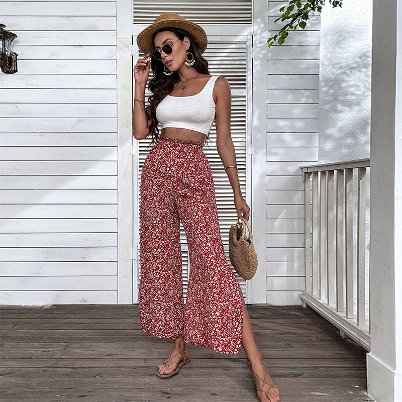 Damen Weite Palazzo-Hose mit floralem Muster und hohen Seitenschlitzen Drune
