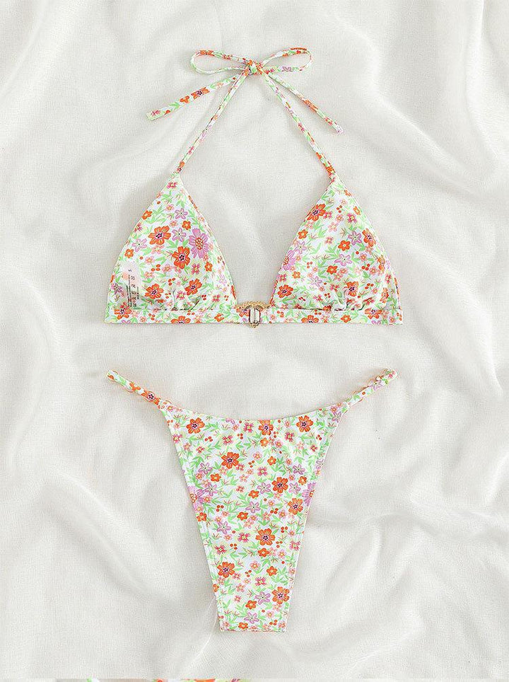 Damen Triangel-Bikini mit dekorativen Kettendetails und floralen Akzenten Drune