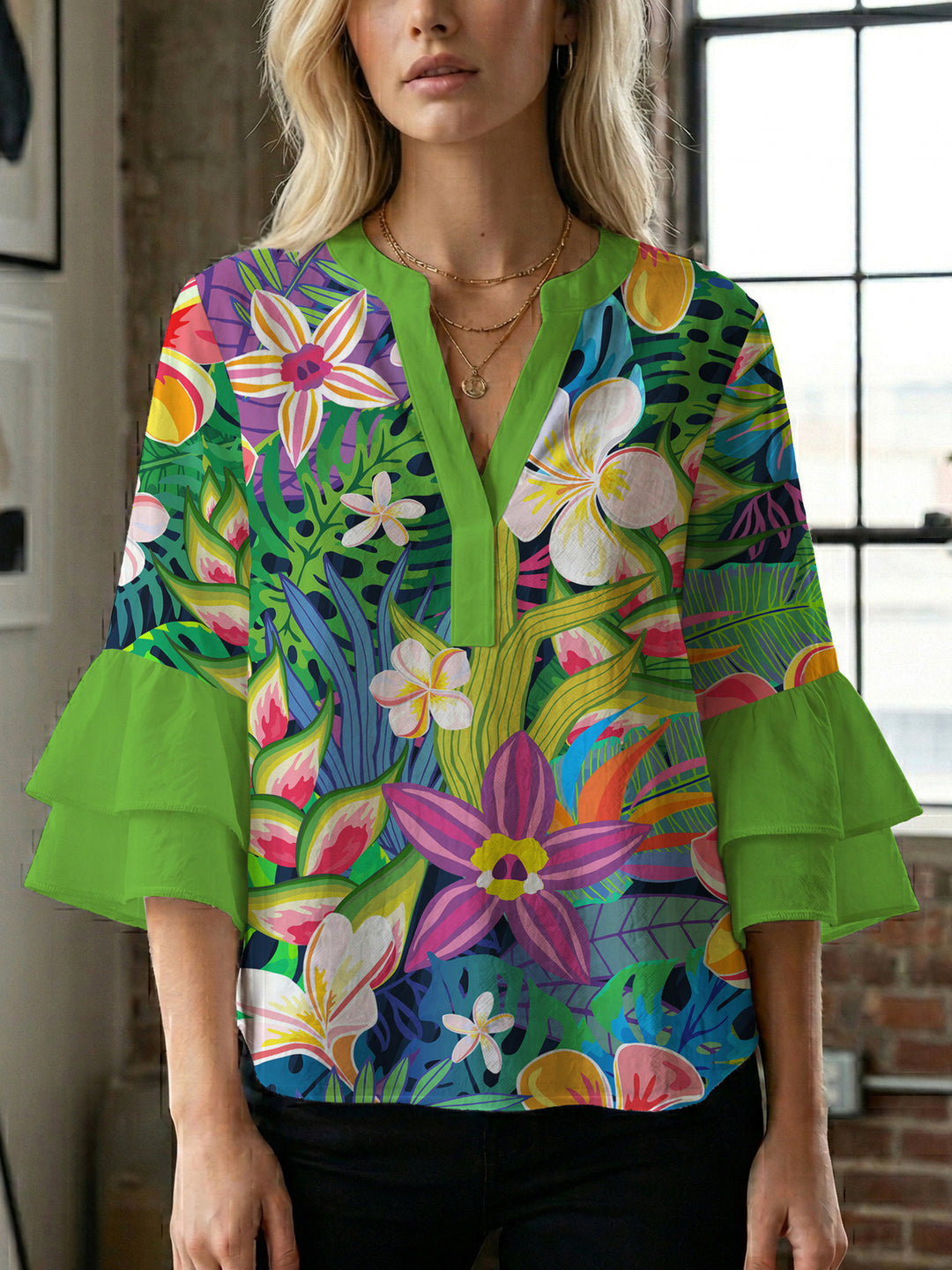 Damen Blusenshirt mit voluminösen Ärmeln und floralem Muster Drune
