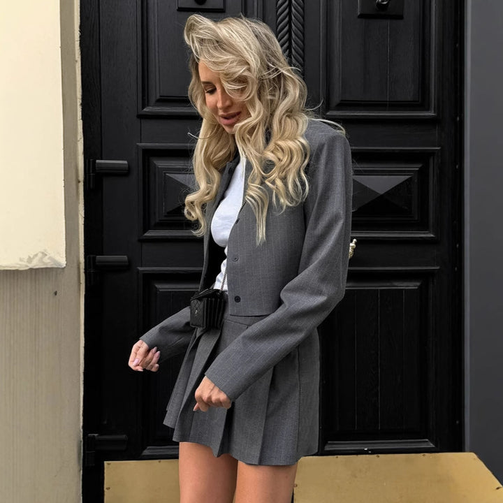 Damen modische Kurzjacke mit Klappen und passendem Rock Drune