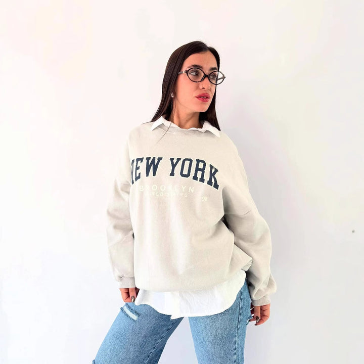 Damen lässiger Sweatshirt mit kreativem New York Print und oversized Schnitt Drune