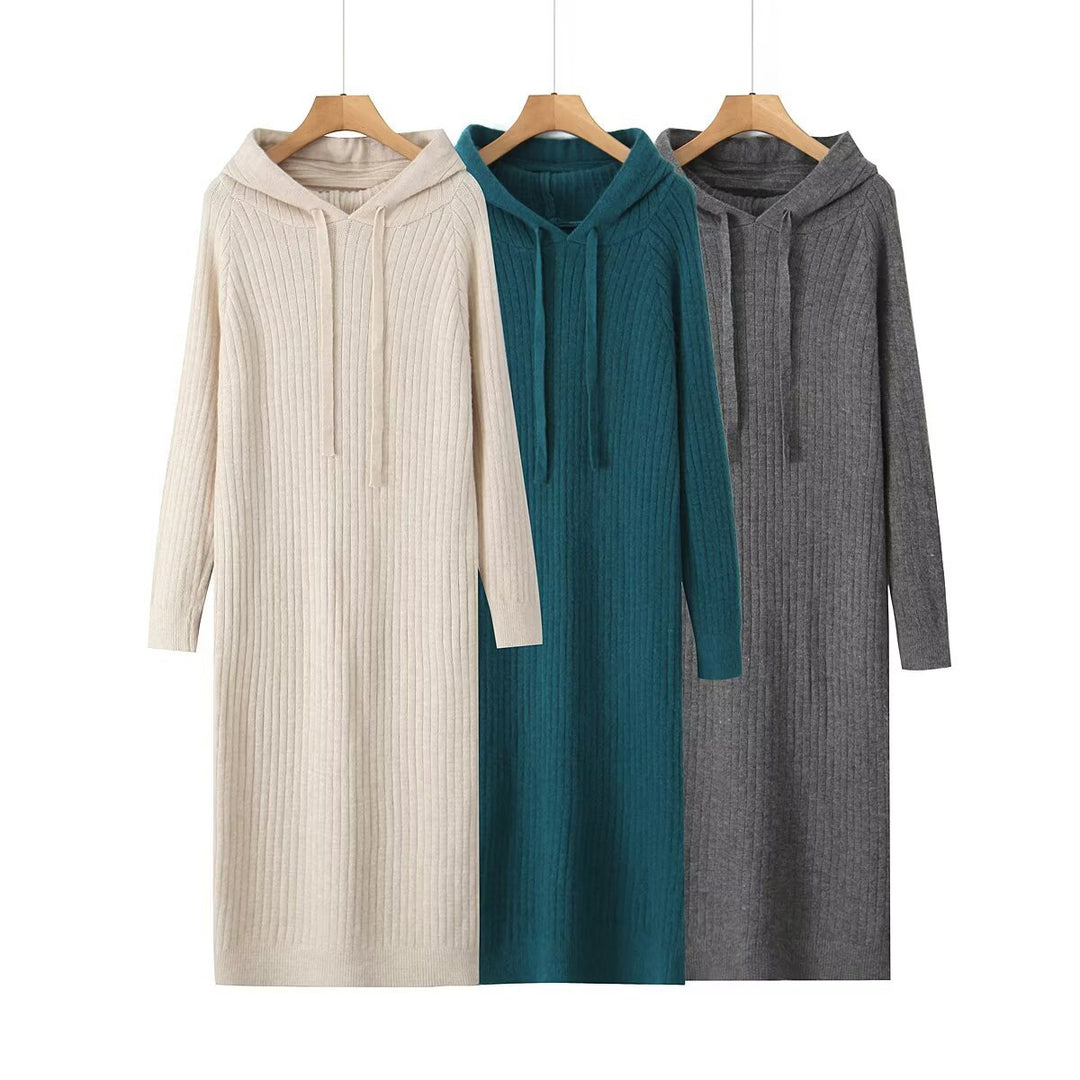 Damen Strickhoodiekleid mit Kapuze und Rippenmuster Drune