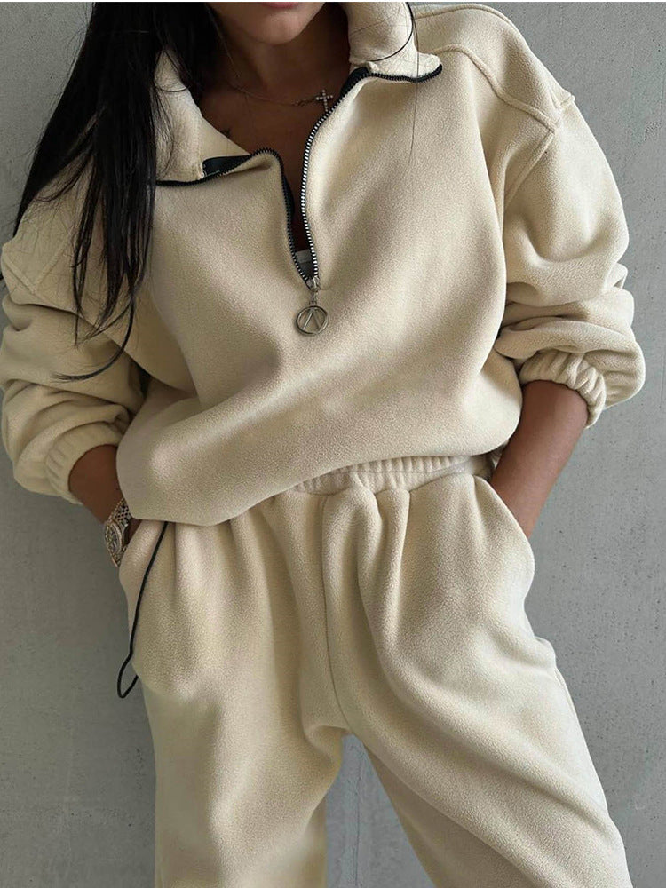 Damen Fleece-Loungewear-Set mit halbem Reißverschluss und elastischem Bund Drune