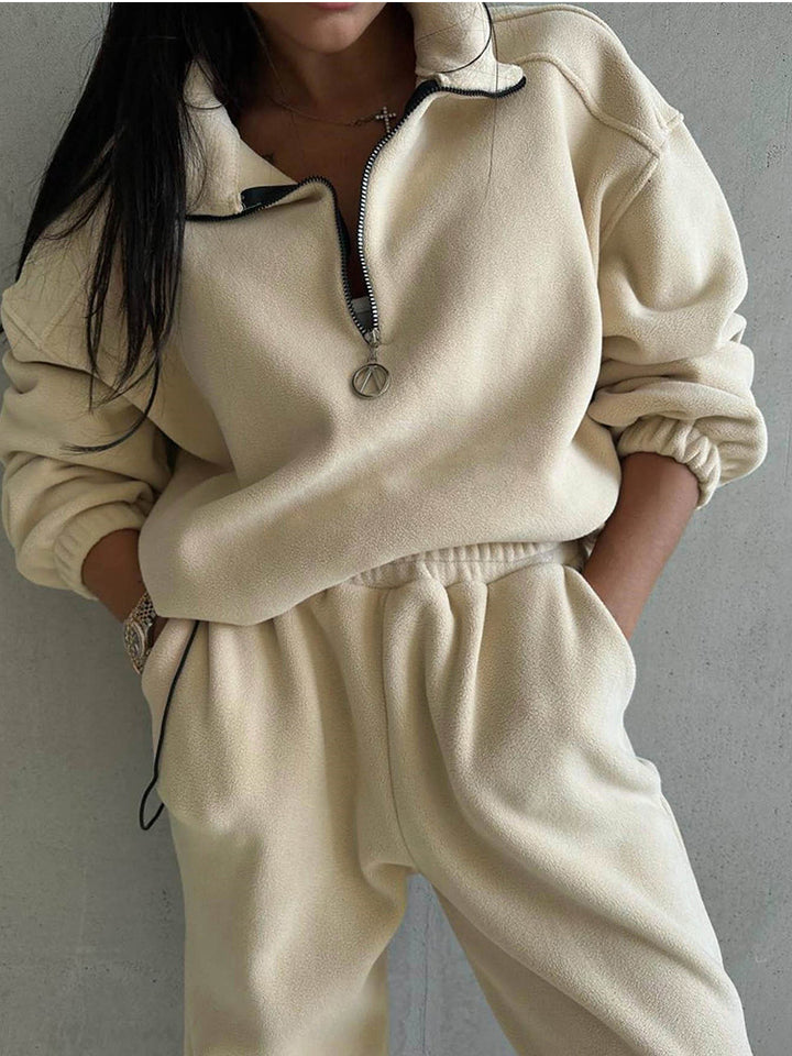 Damen Fleece-Loungewear-Set mit halbem Reißverschluss und elastischem Bund Drune