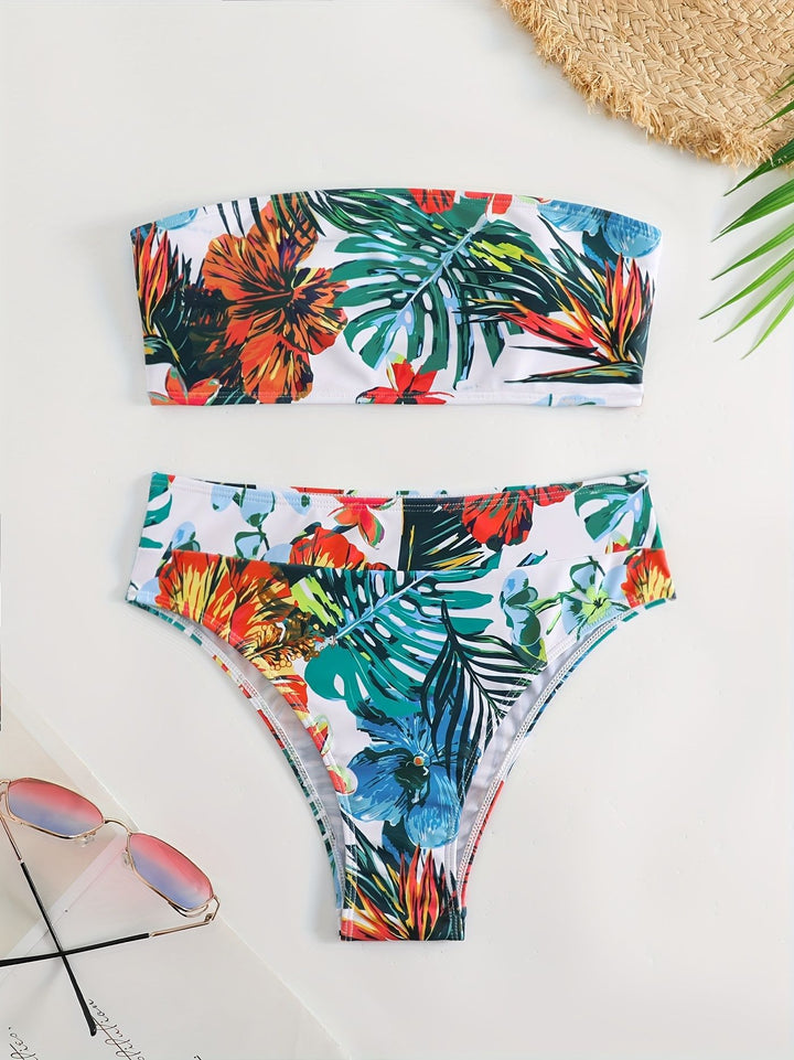 Damen Bandeau-Bikini-Set mit tropischem Blumendesign Drune