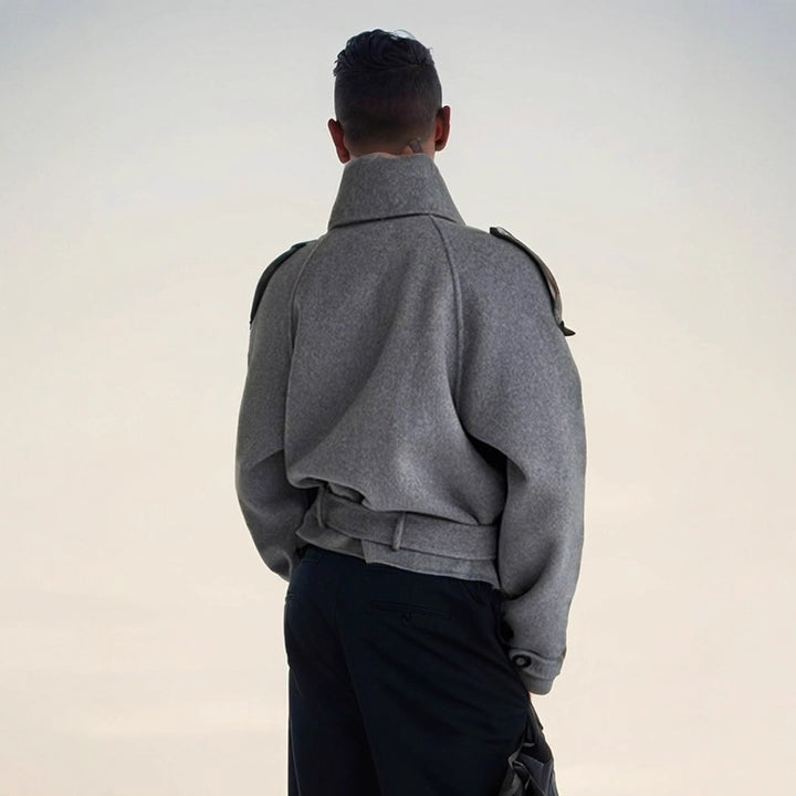 Damen modische Oversized-Wolljacke mit hohem Kragen und Gürtel Drune