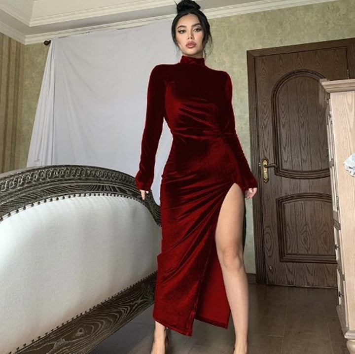 Damen Elegantes Wickelkleid mit hochgeschlossenem Ausschnitt und seitlichem Schlitz Drune