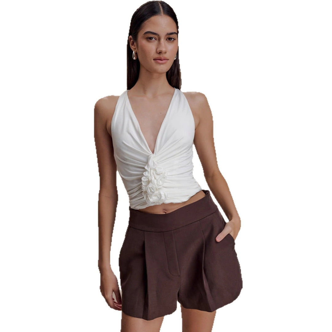 Damen Raffiniertes Top mit tiefem V-Ausschnitt und femininem Rüschendetail Drune
