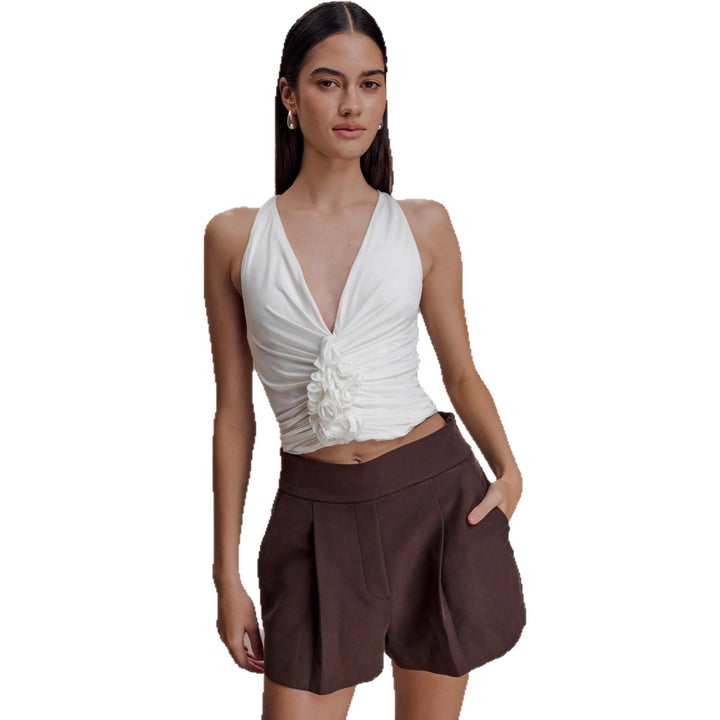 Damen Raffiniertes Top mit tiefem V-Ausschnitt und femininem Rüschendetail Drune