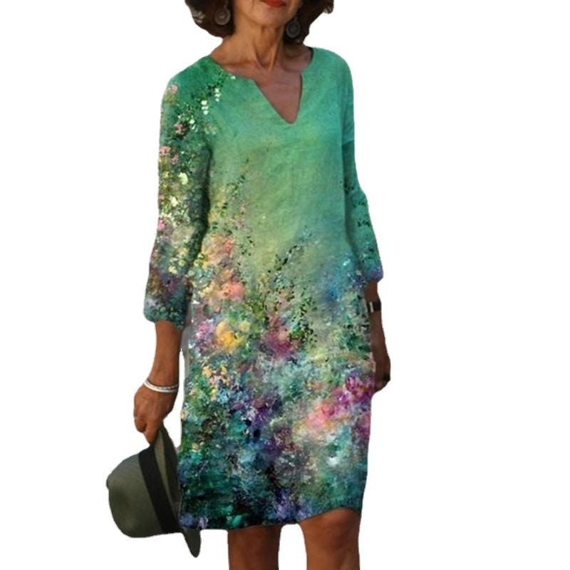 Damen elegantes Sommerkleid mit V-Ausschnitt und 3/4-Ärmeln Drune