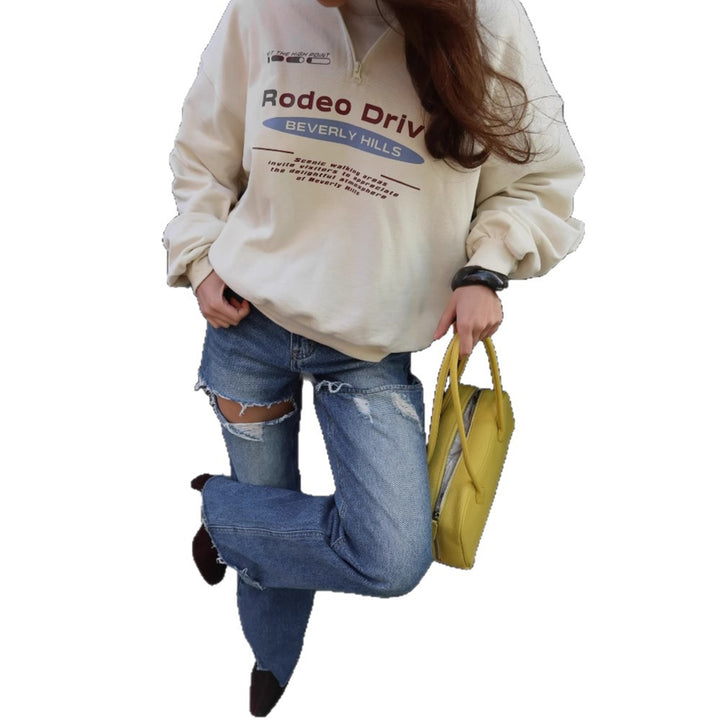 Damen Sweatshirt mit Stehkragen und modischem Aufdruck Drune