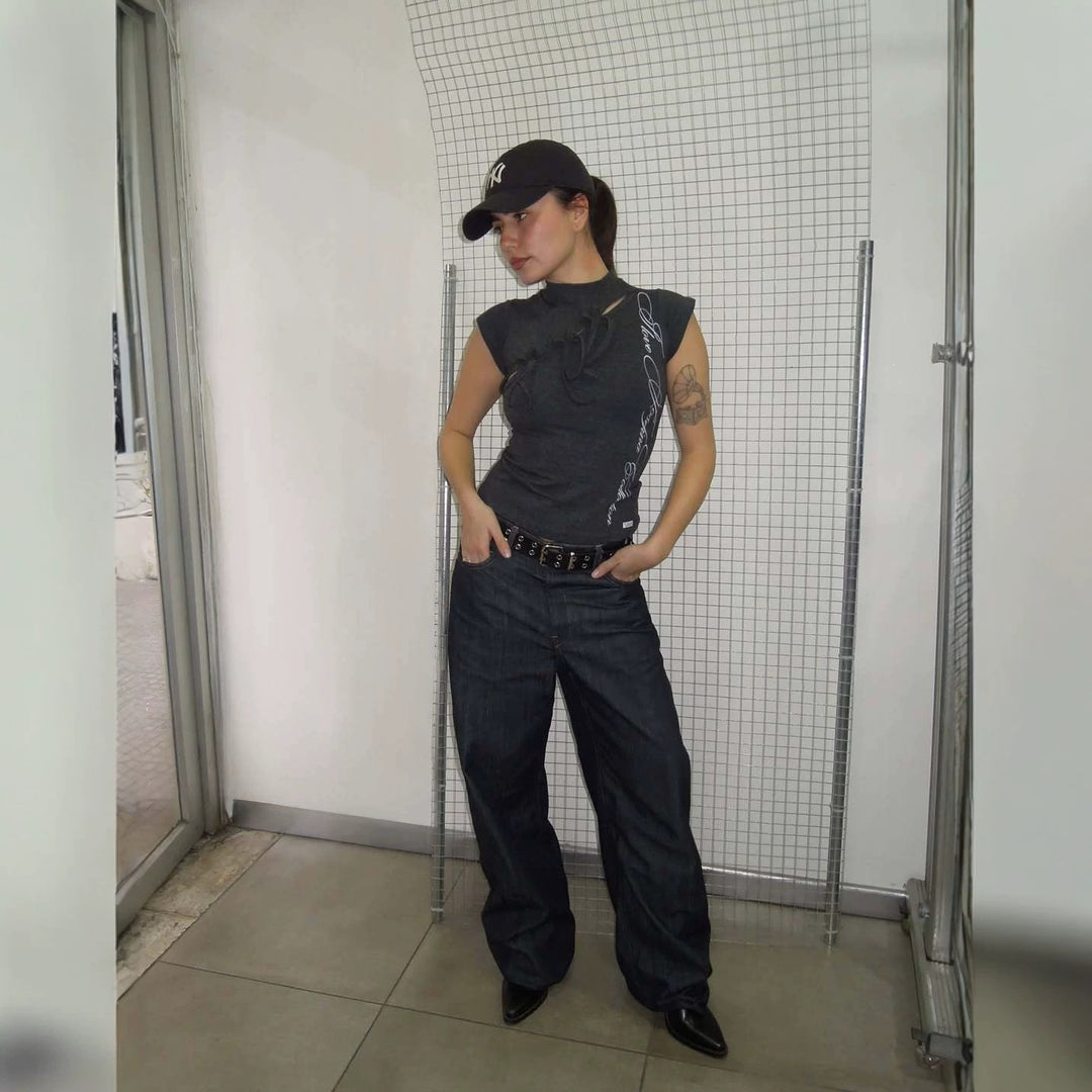 Damen Modisches T-Shirt mit asymmetrischem Schnitt und kreativem Druck Drune