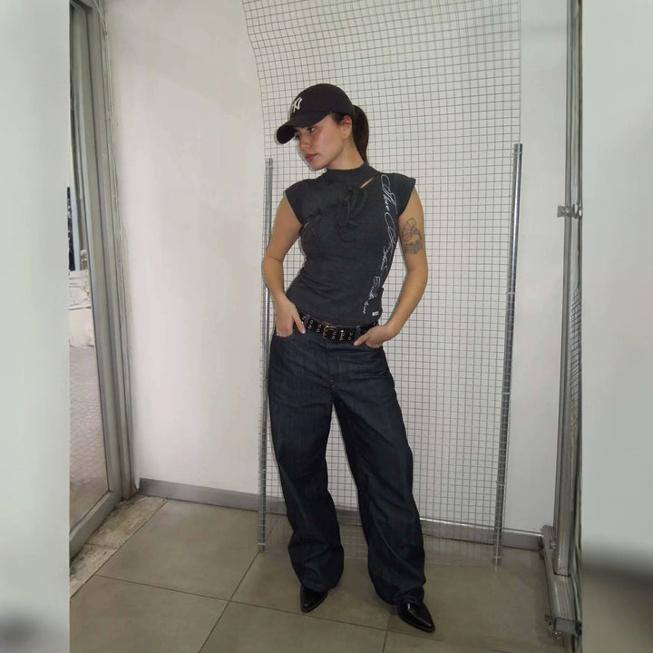 Damen Modisches T-Shirt mit asymmetrischem Schnitt und kreativem Druck Drune