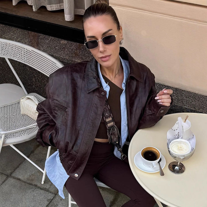 Damen lässige Kunstlederjacke mit oversized Schnitt und praktischen Taschen Drune