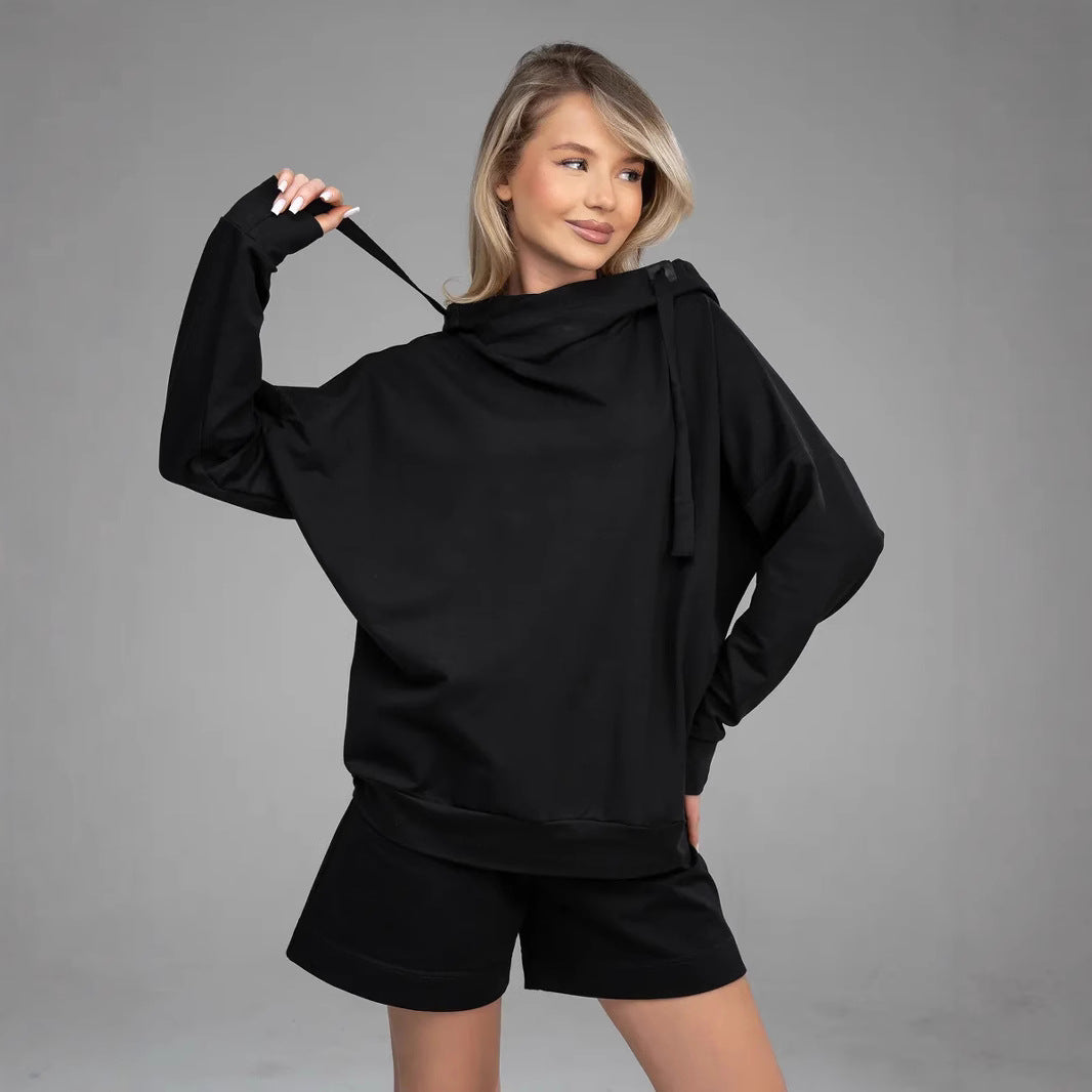 Damen bequemer und modischer Hoodie mit lässiger Kängurutasche und Shorts Set Drune