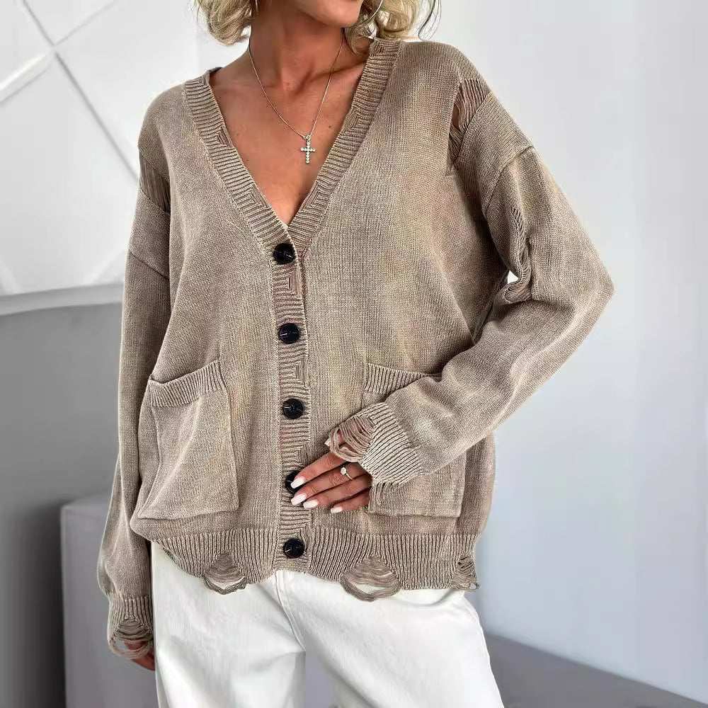 Damen lässiger Oversized-Pullover mit V-Ausschnitt und Taschen Drune