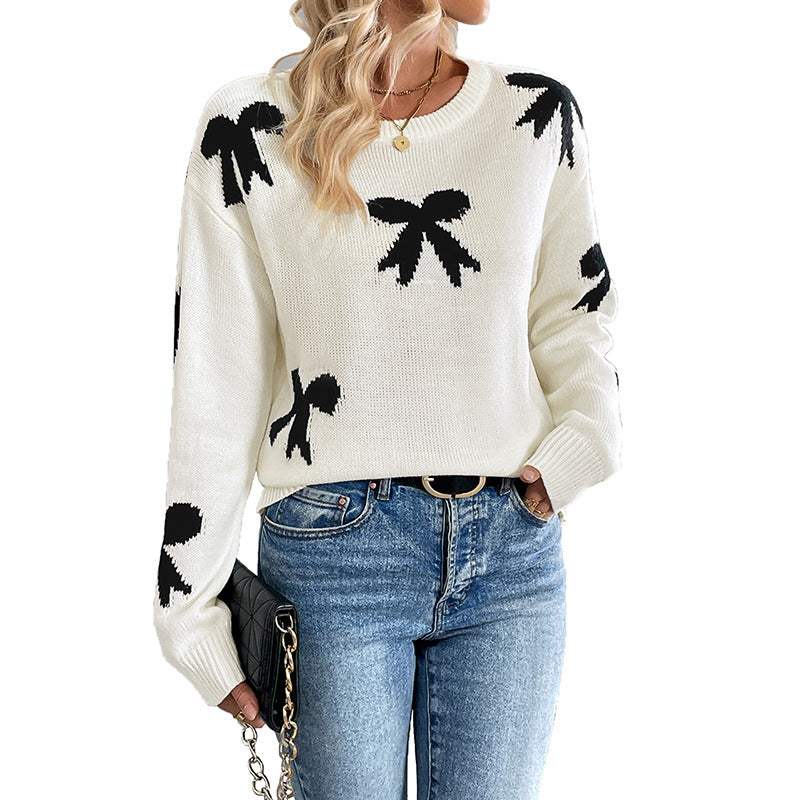 Damen elegant gestrickter Pullover mit stilvollem Schleifenmuster Drune