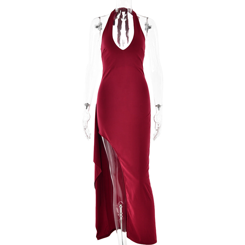 Damen Elegantes Maxikleid mit tiefem V-Ausschnitt und asymmetrischer Drapierung Drune