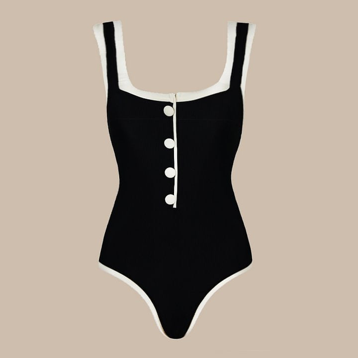 Damen einteiliger Badeanzug mit klassischen Knopfdetails Drune
