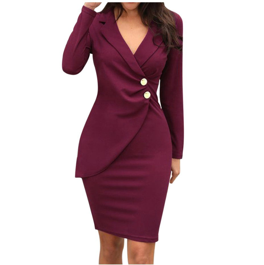Damen elegantes Wickelkleid mit dekorativen Knopfdetails und tailliertem Schnitt Drune